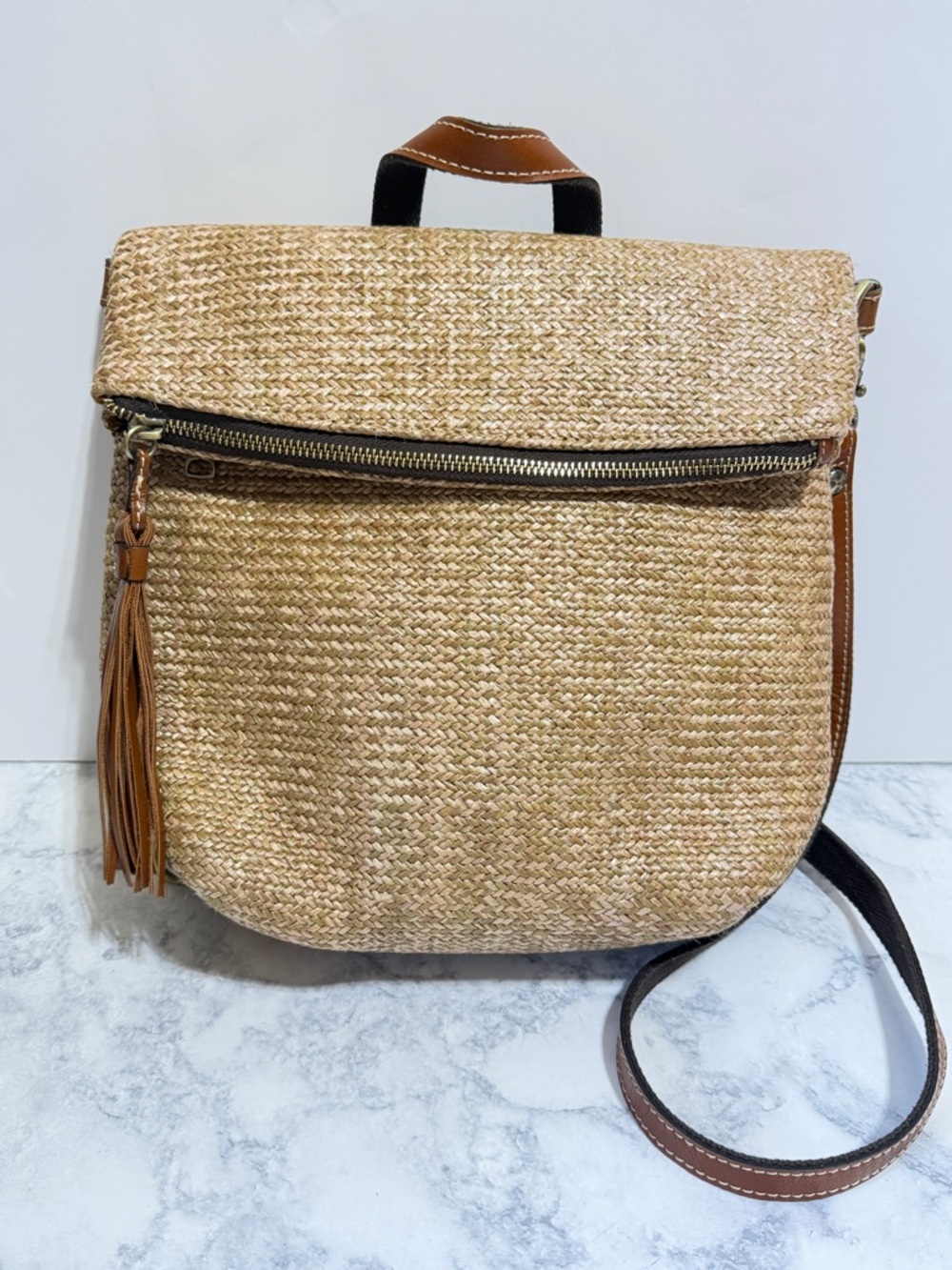 Patricia Nash Natural Straw Crossbody with Brown Leather Trim